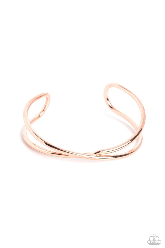 Paparazzi Accessories Teasing Twist - Copper High-sheen shiny copper bars twist across the center of an airy cuff, coalescing into a minimalist statement around the wrist. Jewelry
