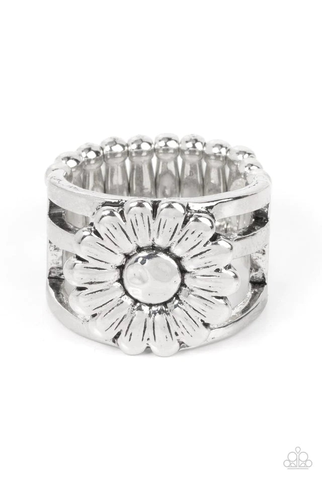 Paparazzi Accessories Roadside Daisies - Silver Brushed in an antiqued shimmer, a rustic silver daisy blooms atop layered silver bands for a whimsical fashion. Features a stretchy band for a flexible fit. Jewelry