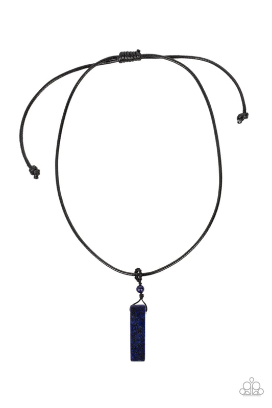 Paparazzi Accessories Comes Back ZEN-fold - Blue A rectangular lapis lazuli stone pendulum is knotted in place below a dainty lapis lazuli stone bead that glides along a shiny black cord below the collar, resulting in an earthy pendant. Features an adjust