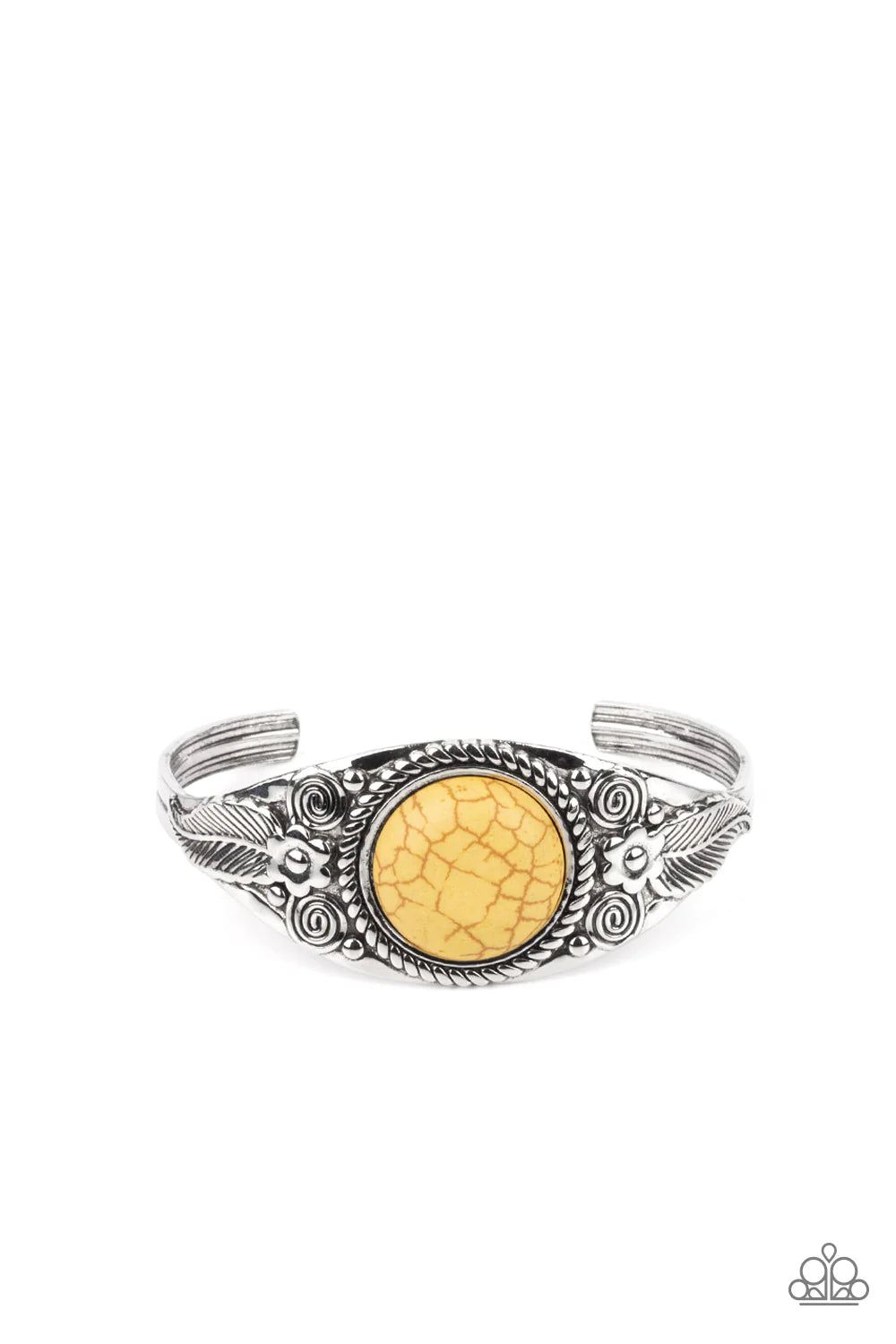 Paparazzi Accessories Whimsically Winslow - Yellow An oversized yellow stone is pressed into the center of a dainty silver cuff abloom with leafy floral accents, creating an earthy centerpiece around the wrist. Sold as one individual bracelet. Jewelry