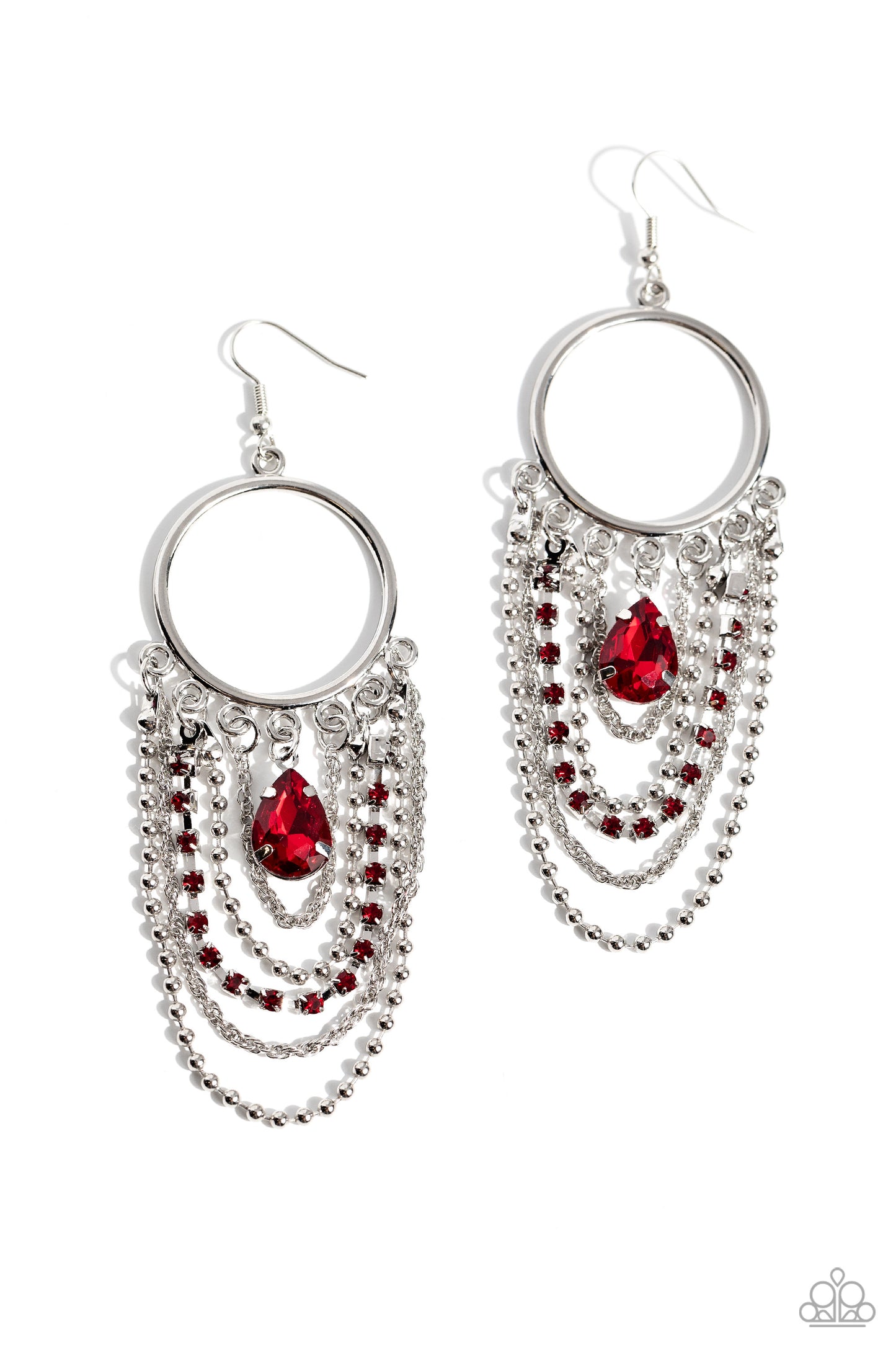 Paparazzi Accessories Cascading Clash - Red Mismatched silver chains, red rhinestones in square silver fittings, and a red faceted teardrop swing from the bottom of a shimmery silver hoop for an edgy look. Earring attaches to a standard fishhook fitting.