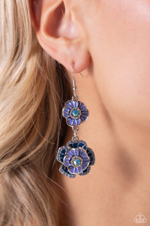 Paparazzi Accessories Intricate Impression - Blue Dotted with dainty blue iridescent gem centers and navy rhinestone details, intricate 3D silver flowers, adorned in Persian Jewel shades, link into a whimsical, glitzy lure. Earring attaches to a standard