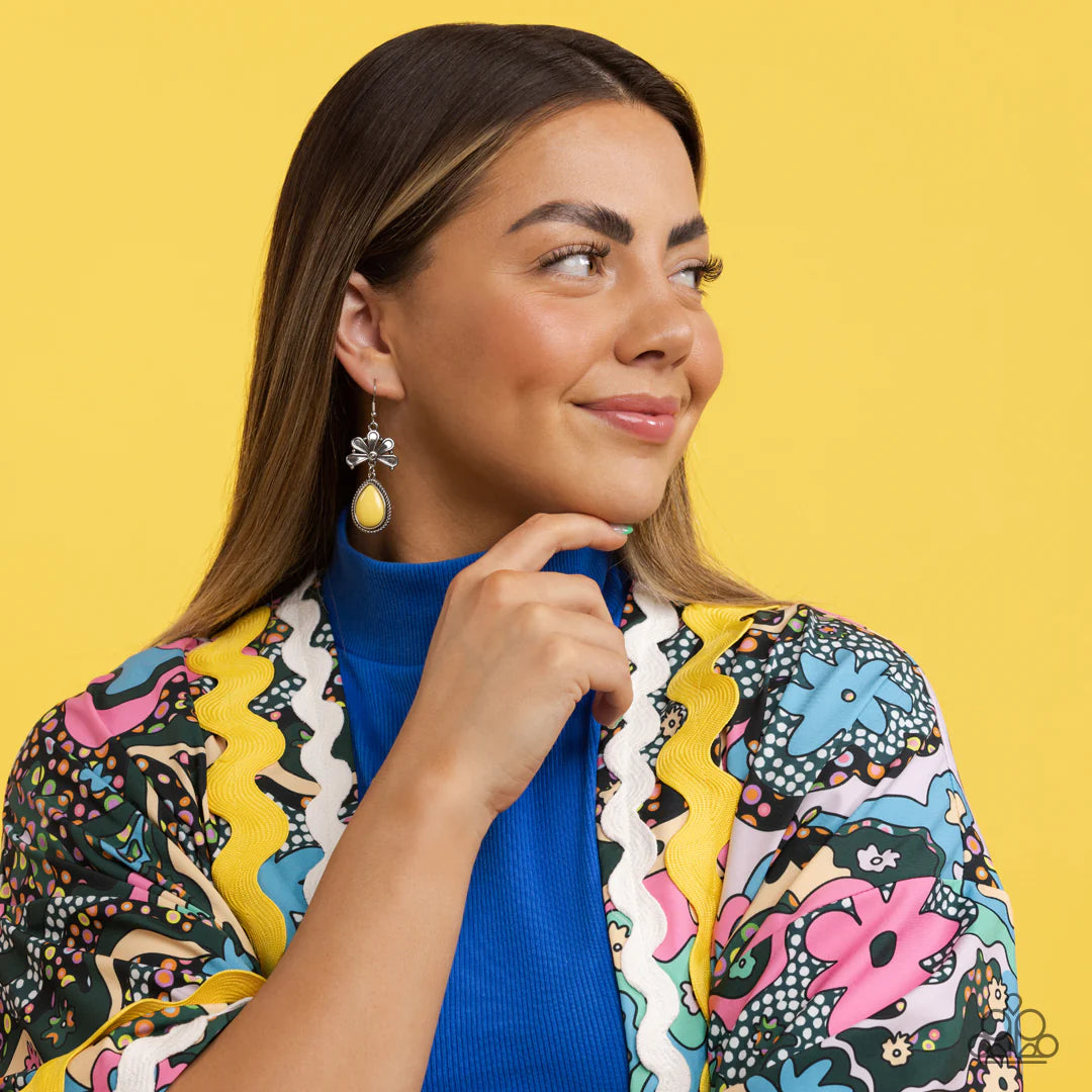 Paparazzi Accessories Brightly Blooming - Yellow Bordered in a silver ropelike frame, a shiny yellow teardrop bead swings from the bottom of an antiqued floral frame for a whimsical fashion. Earring attaches to a standard fishhook fitting. Sold as one pai