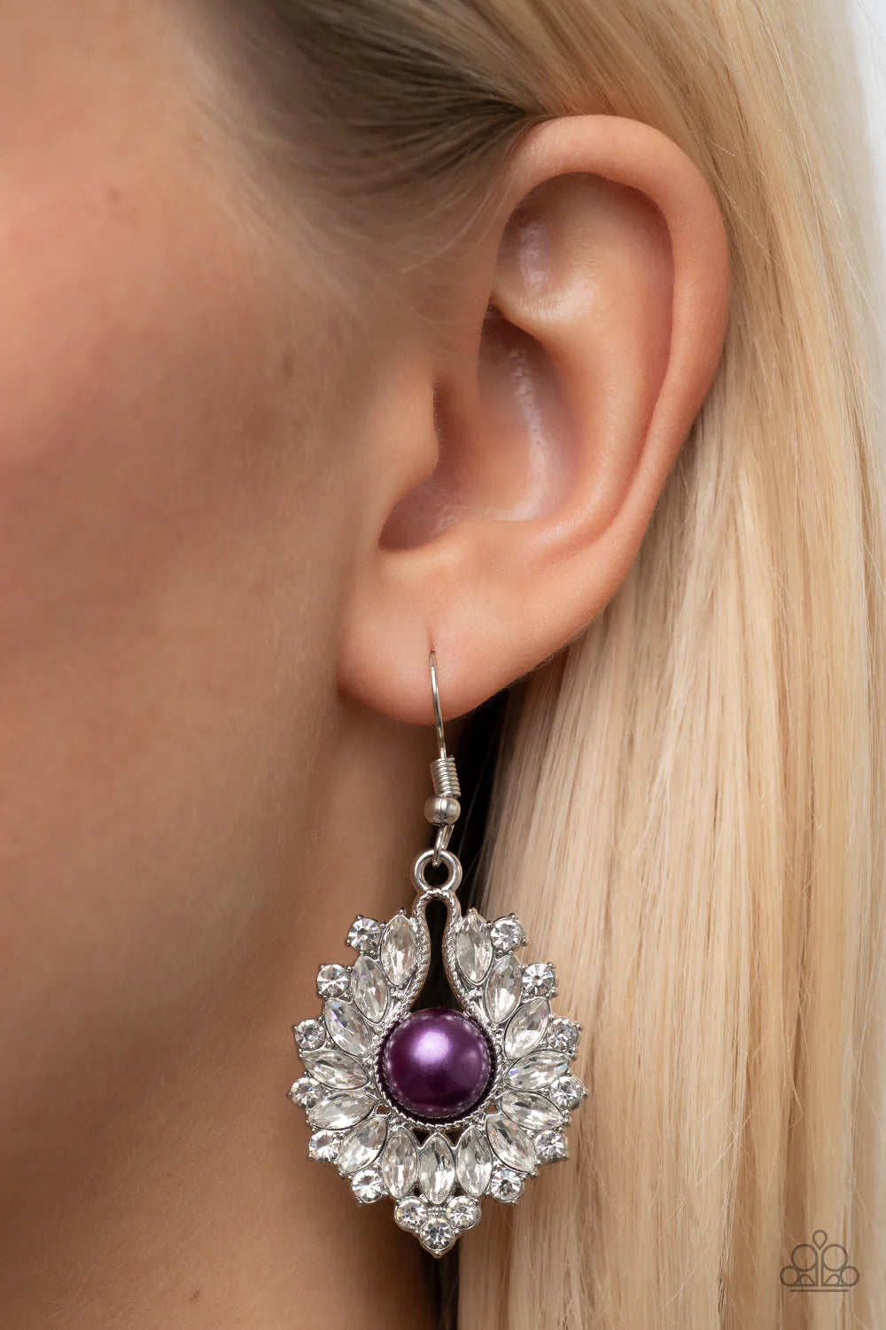 Paparazzi Accessories Crowns Required - Purple An icy collection of round and marquise cut white rhinestones fan out from an oversized plum pearl center, coalescing into an effervescent elegance. Earring attaches to a standard fishhook fitting. Sold as on