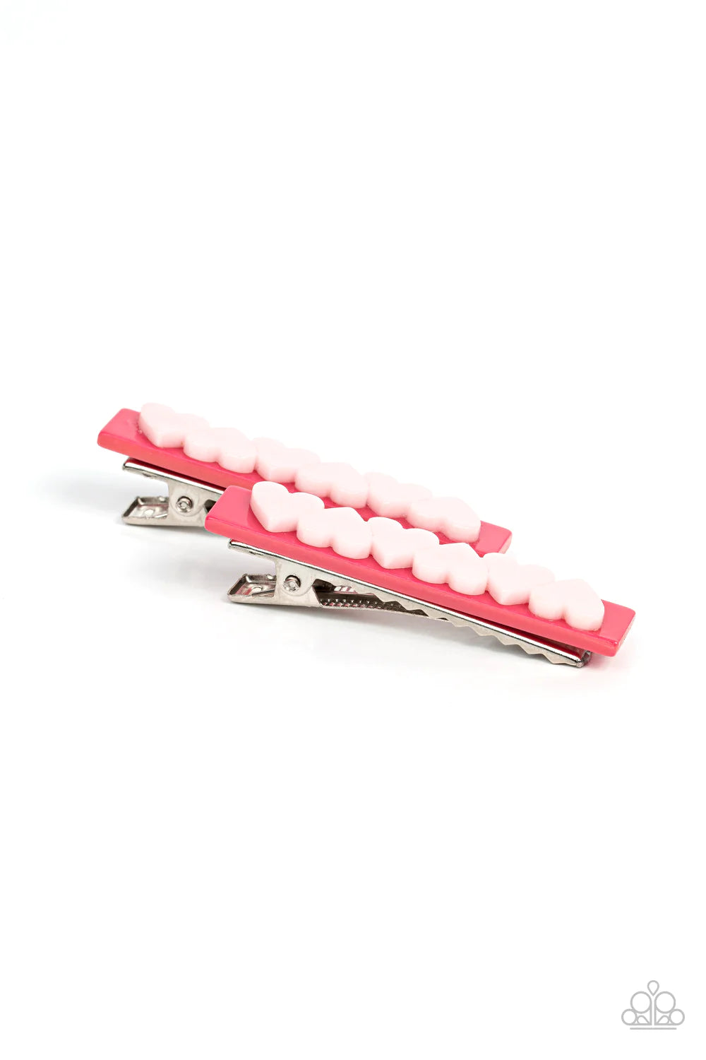 Paparazzi Accessories Cutely Cupid - Pink A row of light pink hearts alternate across the front of a darker pink rectangular frame, creating a charming pair of flirtatious hair clips. Features standard hair clips on the back. Sold as one pair of hair clip