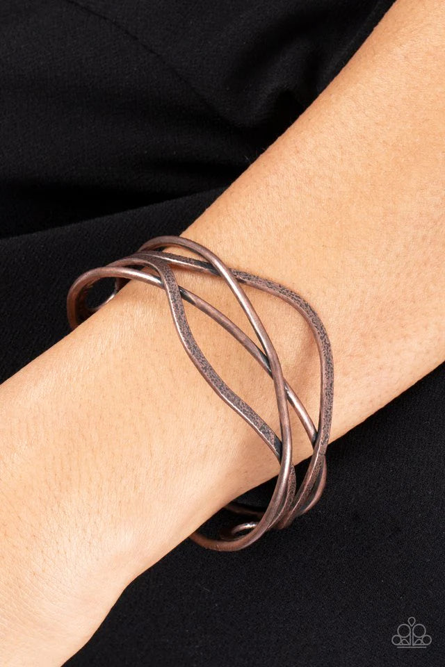 Paparazzi Accessories Fierce Fusion - Copper Antiqued copper bars and hammered copper ribbons delicately crisscross and whirl around the wrist into a solitaire cuff, creating a flawless fusion of rustic shimmer. Jewelry