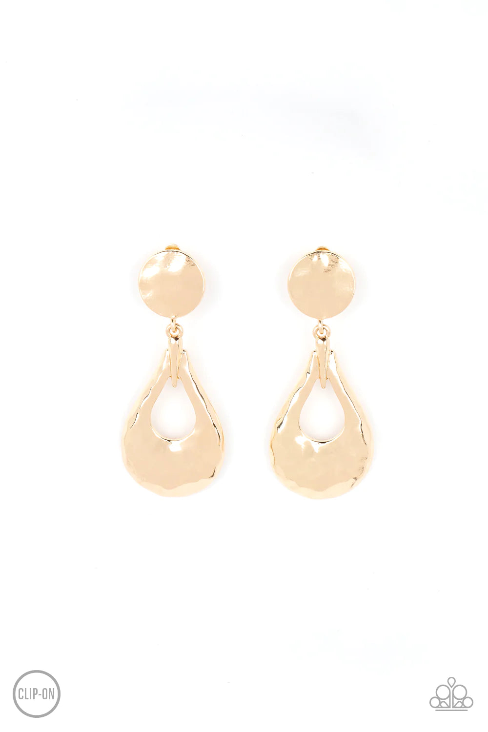 Paparazzi Accessories Metallic Magic - Gold A hammered gold teardrop swings from the bottom of a hammered gold disc, resulting in monochromatic magic. Earring attaches to a standard clip-on fitting. Sold as one pair of clip-on earrings.
