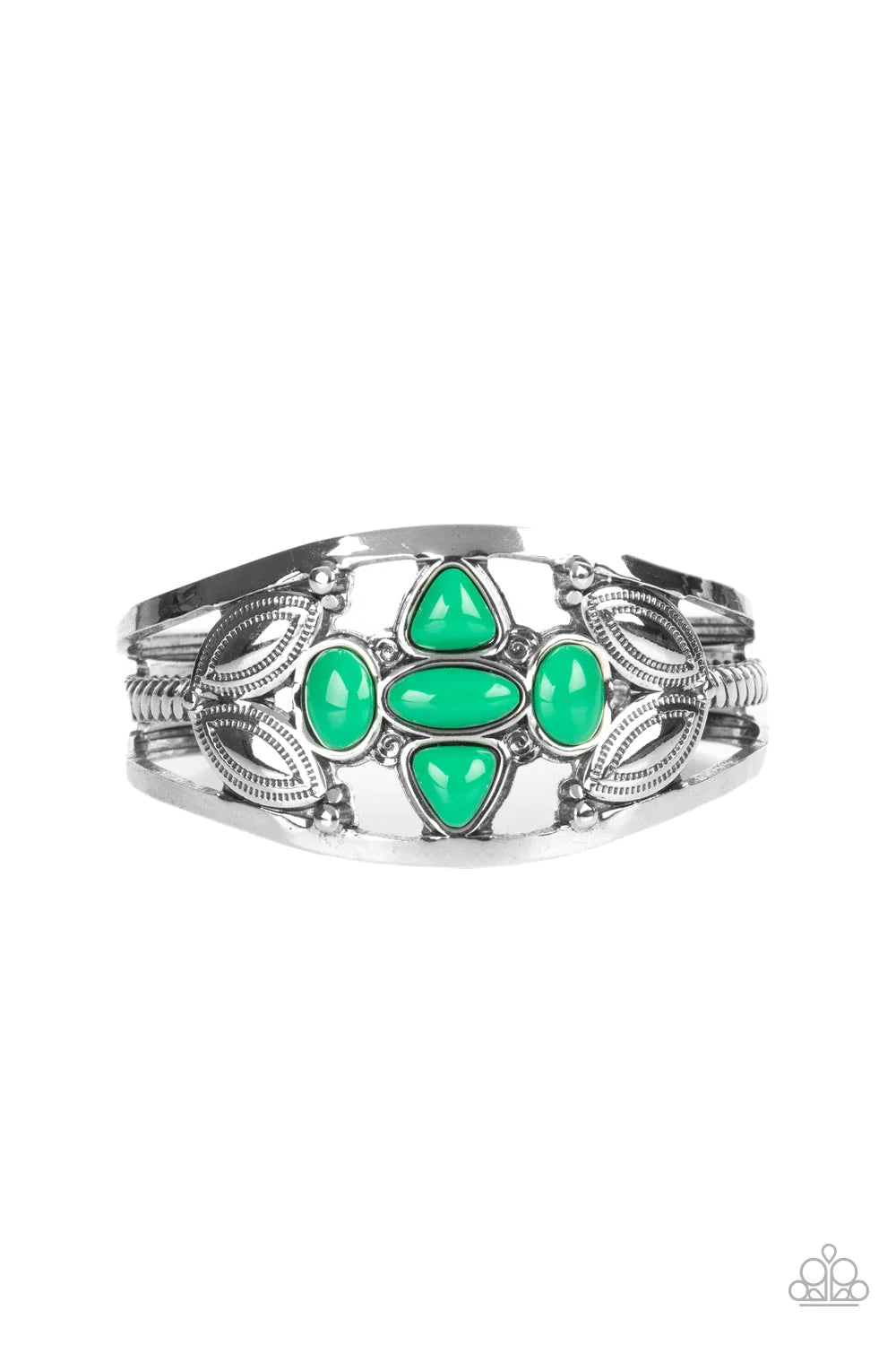 Paparazzi Accessories Caribbean Cabana - Green A shapely assortment of Leprechaun acrylic beads adorn the center of a layered silver cuff adorned in leafy silver texture, creating a refreshing pop of color around the wrist. Sold as one individual bracelet