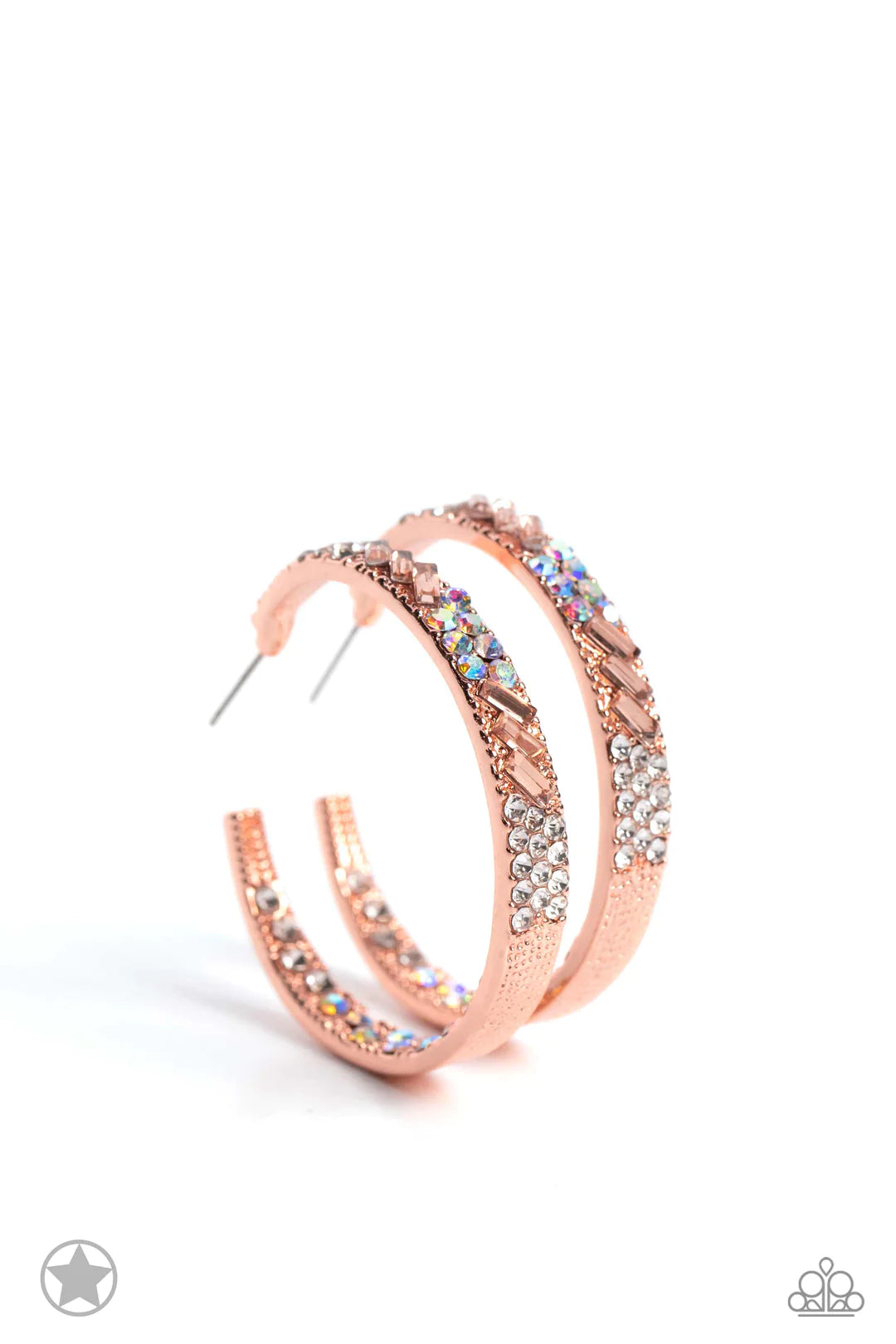 Paparazzi Accessories Glitzy by Association - Copper The front facing surface of a chunky shiny copper hoop is dipped in brilliantly sparkling iridescent, peach, and white rhinestones while light-catching texture wraps around the back. The interior of the
