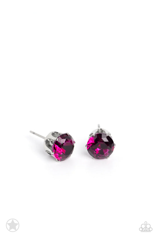 Paparazzi Accessories Just In Timeless - Pink A sparkling fuchsia rhinestone is nestled inside a classic silver frame for a timeless look. Earring attaches to a standard post fitting. Sold as one pair of post earrings. Jewelry