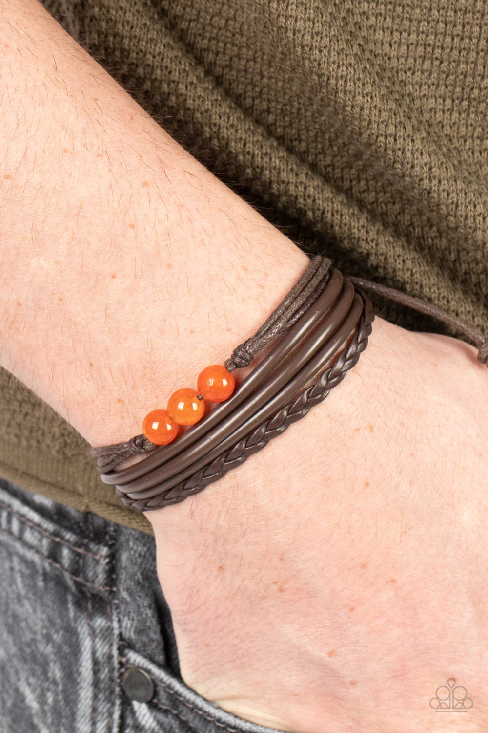 Paparazzi Accessories Rest Easy - Orange Infused with a row of citrine stones, mismatched leathery and twine-like cords layer around the wrist for an earthy flair. Features an adjustable sliding knot closure. Sold as one individual bracelet. Jewelry