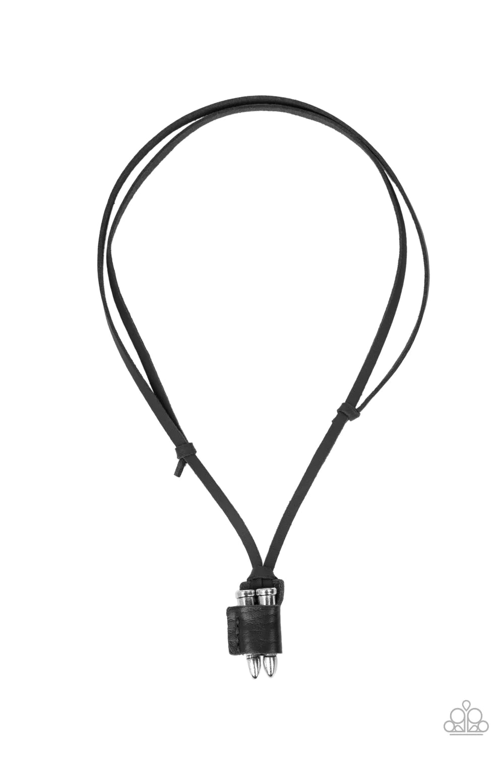 Paparazzi Accessories On the Lookout - Black A piece of black leather wraps around a pair of silver bullets, creating an edgy urban pendant at the bottom of knotted strands of black leather. Features an adjustable sliding knot closure. Sold as one individ
