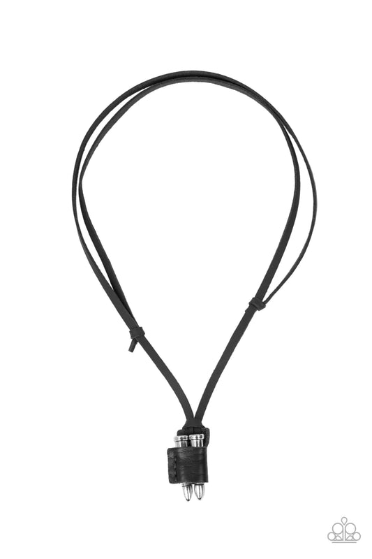Paparazzi Accessories On the Lookout - Black A piece of black leather wraps around a pair of silver bullets, creating an edgy urban pendant at the bottom of knotted strands of black leather. Features an adjustable sliding knot closure. Sold as one individ
