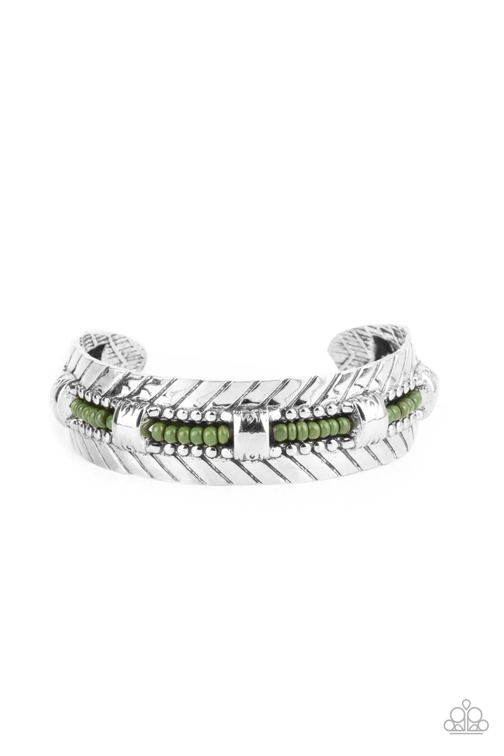 Paparazzi Accessories Sonoran Scene - Green A row of Olive Branch seed beads is threaded along a wire inside a studded silver frame as it flows around a silver cuff. Flared antiqued silver accents embellish the edges of the cuff for a rustic finish. Sold