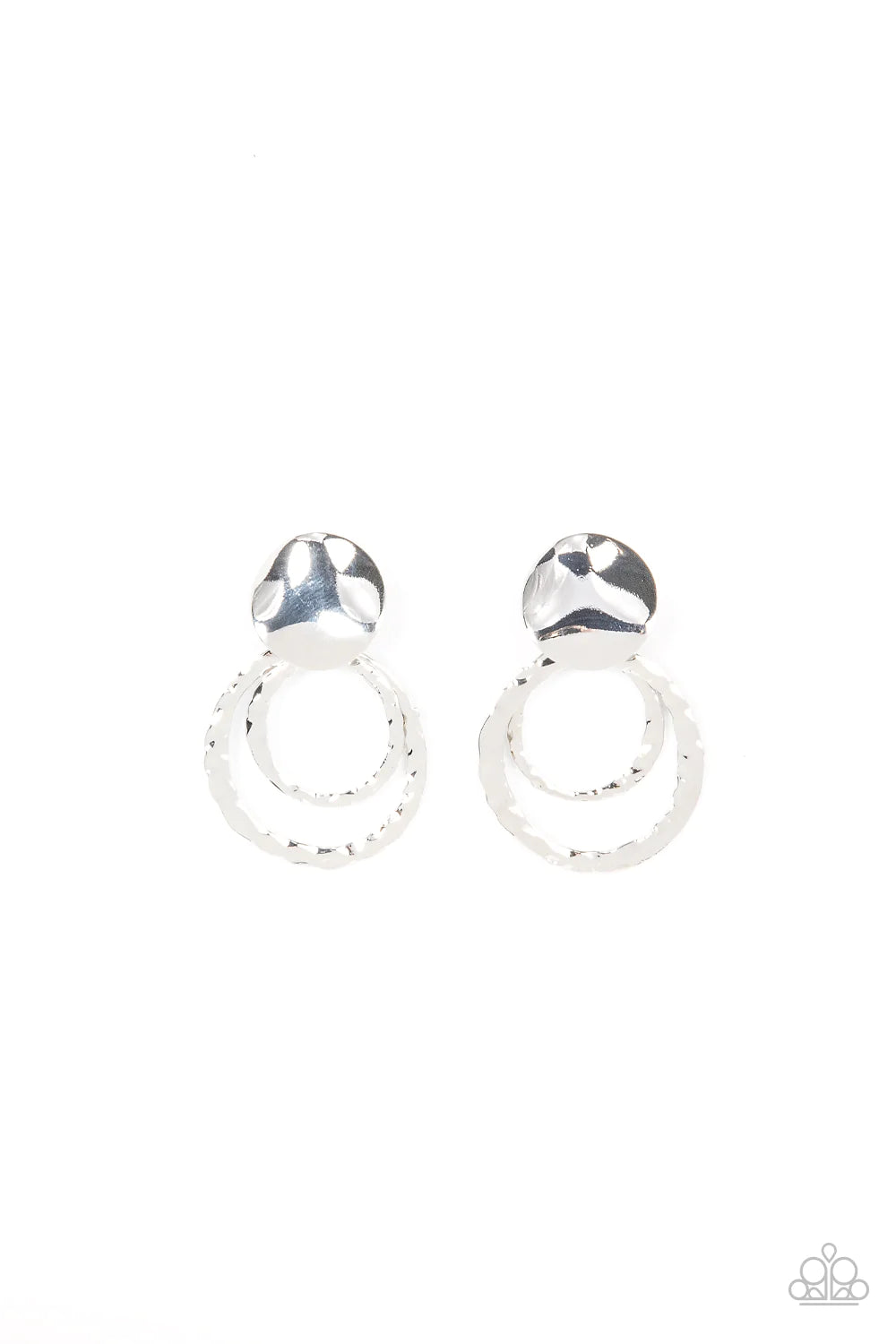 Paparazzi Accessories Ancient Arts - Silver Two shiny hammered silver circles swing from a wavy silver disc, creating a captivating lure. Earring attaches to a standard post fitting. Sold as one pair of post earrings. Jewelry
