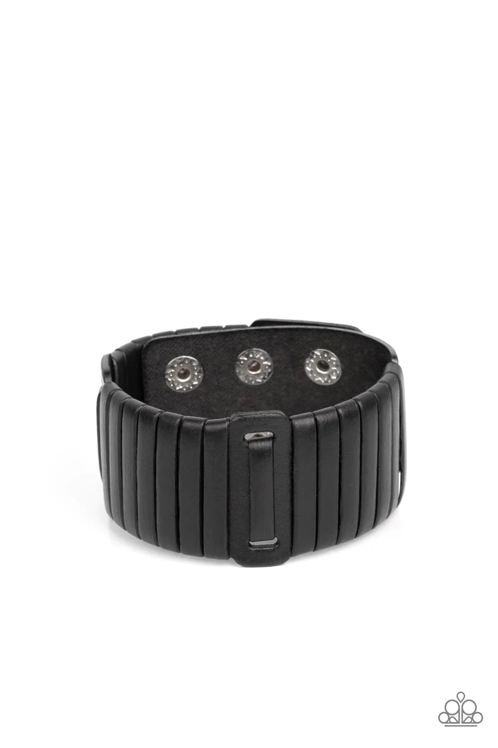 Paparazzi Accessories Leather Lumberyard - Black A black leather lace is wrapped around and through a thick black leather band, resulting in a rugged centerpiece around the wrist. Features an adjustable snap closure. Sold as one individual bracelet.