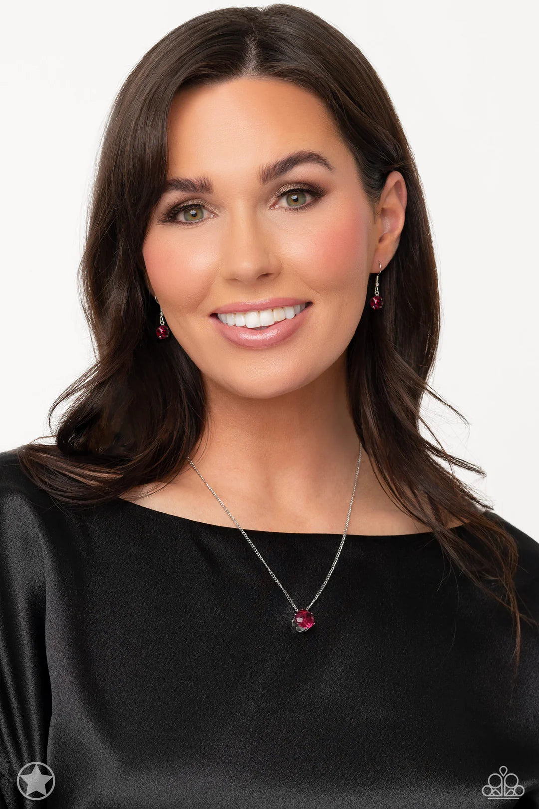 Paparazzi Accessories What A Gem - Pink A single fuchsia rhinestone sparkles brilliantly at the bottom of a dainty silver chain, creating a stunning solitaire design. Features an adjustable clasp closure. Sold as one individual necklace. Includes one pair