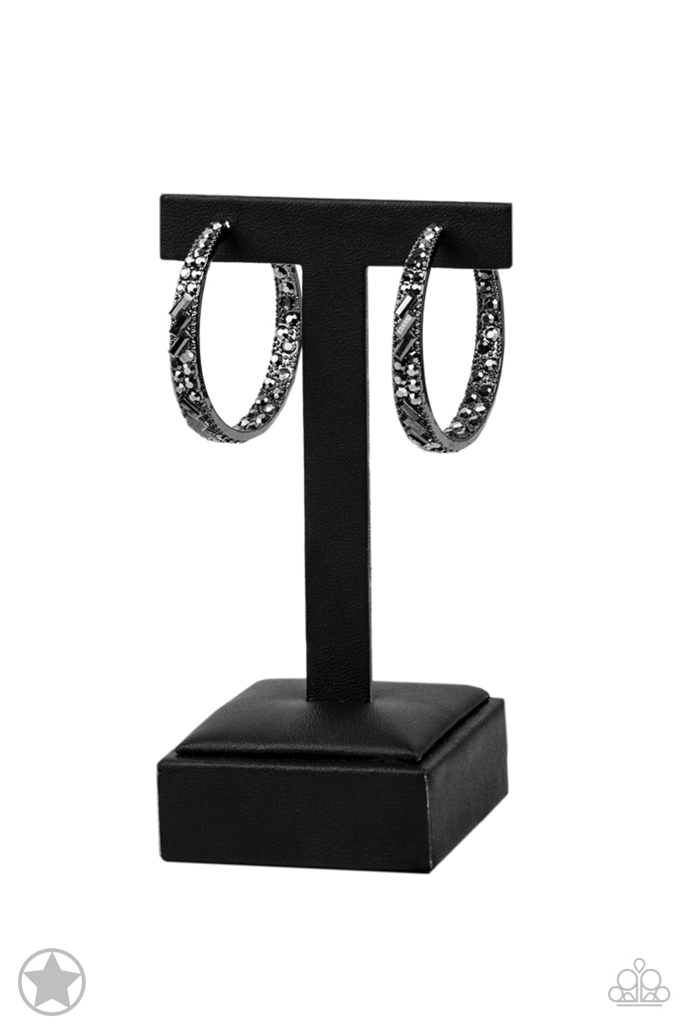 Paparazzi Accessories GLITZY By Association - Black The front facing surface of a chunky gunmetal hoop is dipped in brilliantly sparkling hematite rhinestones while light-catching texture wraps around the back. The interior of the hoop features the opposi