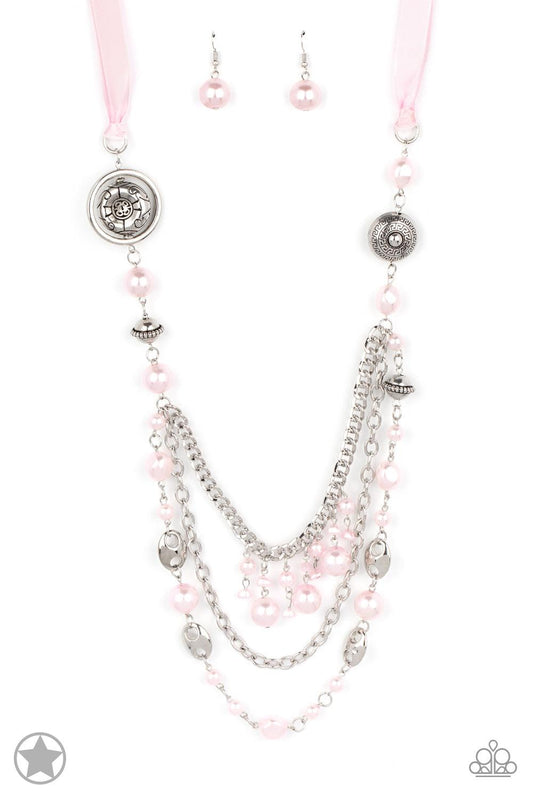 Paparazzi Accessories All The Trimmings - Pink A silky pink ribbon replaces a traditional chain to give an elegant look. Pearly pastel pink beads and funky silver pieces intermix with varying lengths of silver chains to give a fresh take on a Victorian-in
