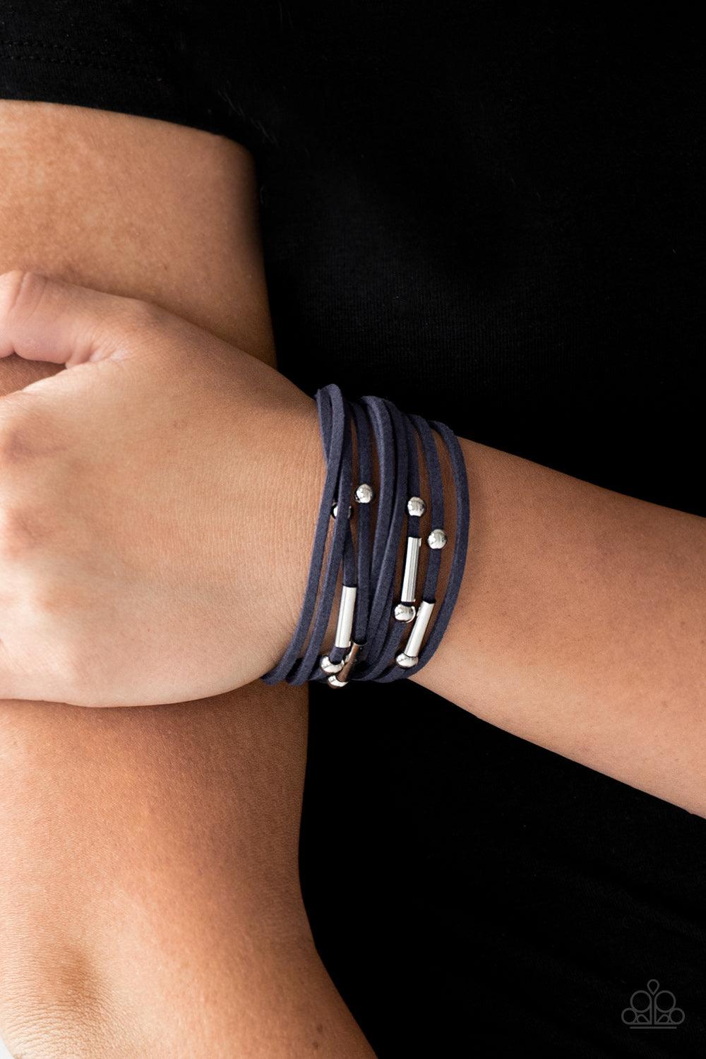 Paparazzi Accessories Back To BACKPACKER - Blue Dainty silver beads and shiny silver accents slide along rows of refreshing blue suede for a seasonal look. Features an adjustable clasp closure. Sold as one individual bracelet. Jewelry