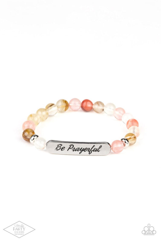 Paparazzi Accessories Be Prayerful - Multi Infused with dainty silver accents, a collection of glassy stone beads and a shimmery silver frame stamped in the phrase, "Be Prayerful", are threaded along a stretchy band around the wrist for an inspirational l