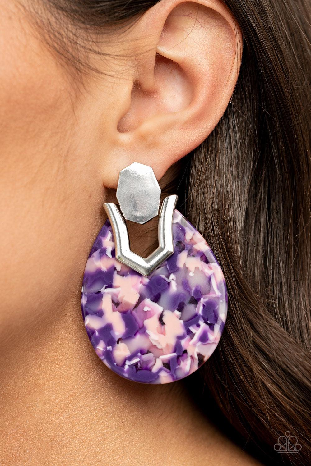 Paparazzi Accessories HAUTE Flash - Purple Speckled in a colorful purple and pink tortoise shell-like pattern, a teardrop acrylic frame fastens to a shiny silver fitting for a trendy retro look. Earring attaches to a standard post fitting. Sold as one pai
