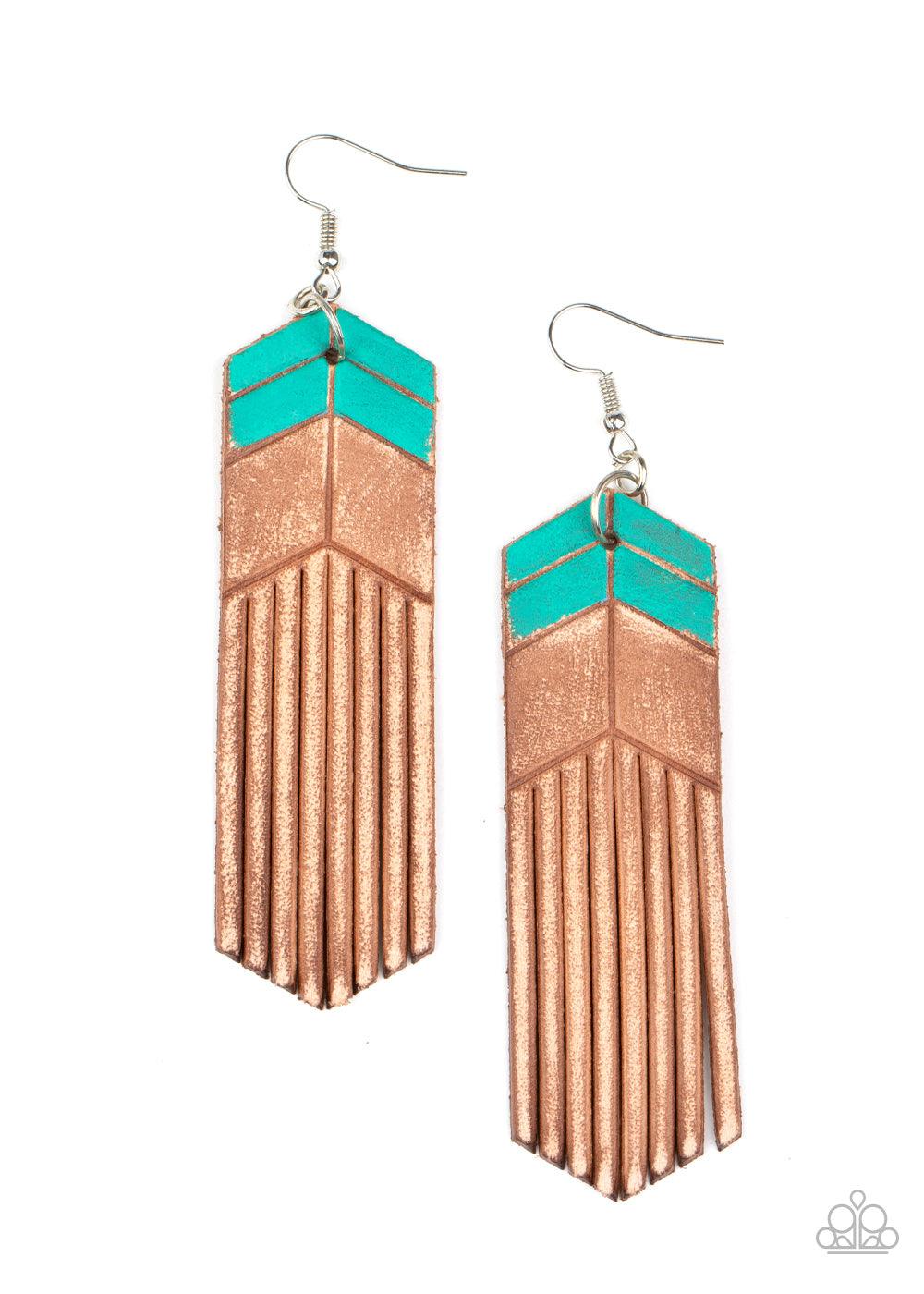 Paparazzi Accessories Desert Trails - Blue Painted in turquoise chevron-like details, a distressed leather frame is spliced into tasseled ends, creating an earthy fringe. Earring attaches to a standard fishhook fitting Sold as one pair of earrings. Jewelr