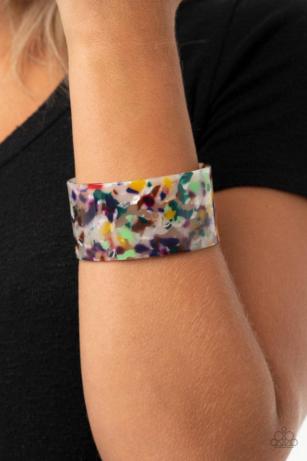 Paparazzi Accessories Freestyle Fashion - Multi Featuring a multicolored tortoise shell-like pattern, a thick acrylic cuff delicately curls around the wrist for a colorfully chic look. Sold as one individual bracelet. Jewelry