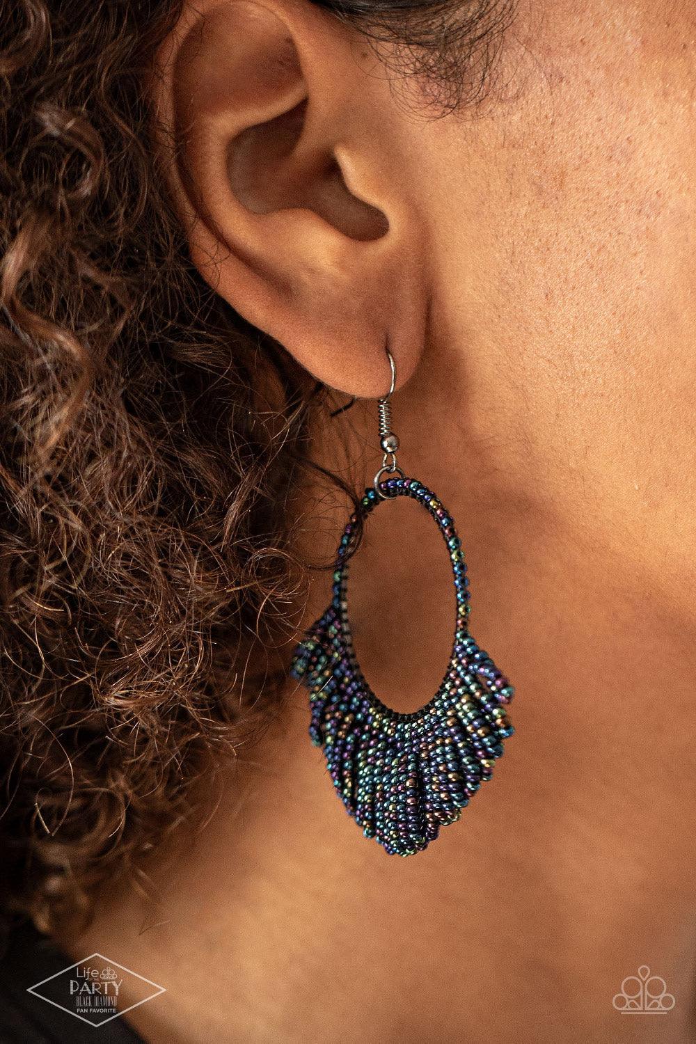 Paparazzi Accessories Cant BEAD-lieve My Eyes! - Multi Rings of dainty oil spill seed beads cascade from the bottom of a matching beaded hoop, creating a dramatically colorful fringe. Earring attaches to a standard fishhook fitting. Sold as one pair of ea