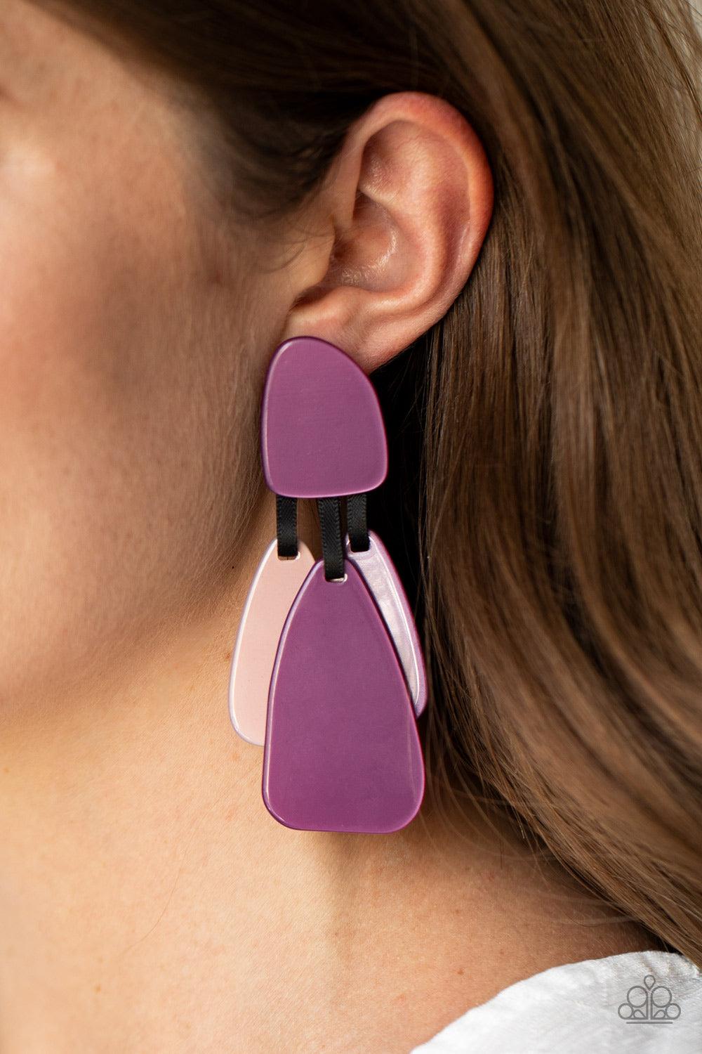 Paparazzi Accessories All FAUX One - Purple Varying in color and opacity, an abstract collection of asymmetrically teardrop acrylic frames hang from shiny black ribbons at the bottom of a matching acrylic frame for a colorfully retro finish. Earring attac