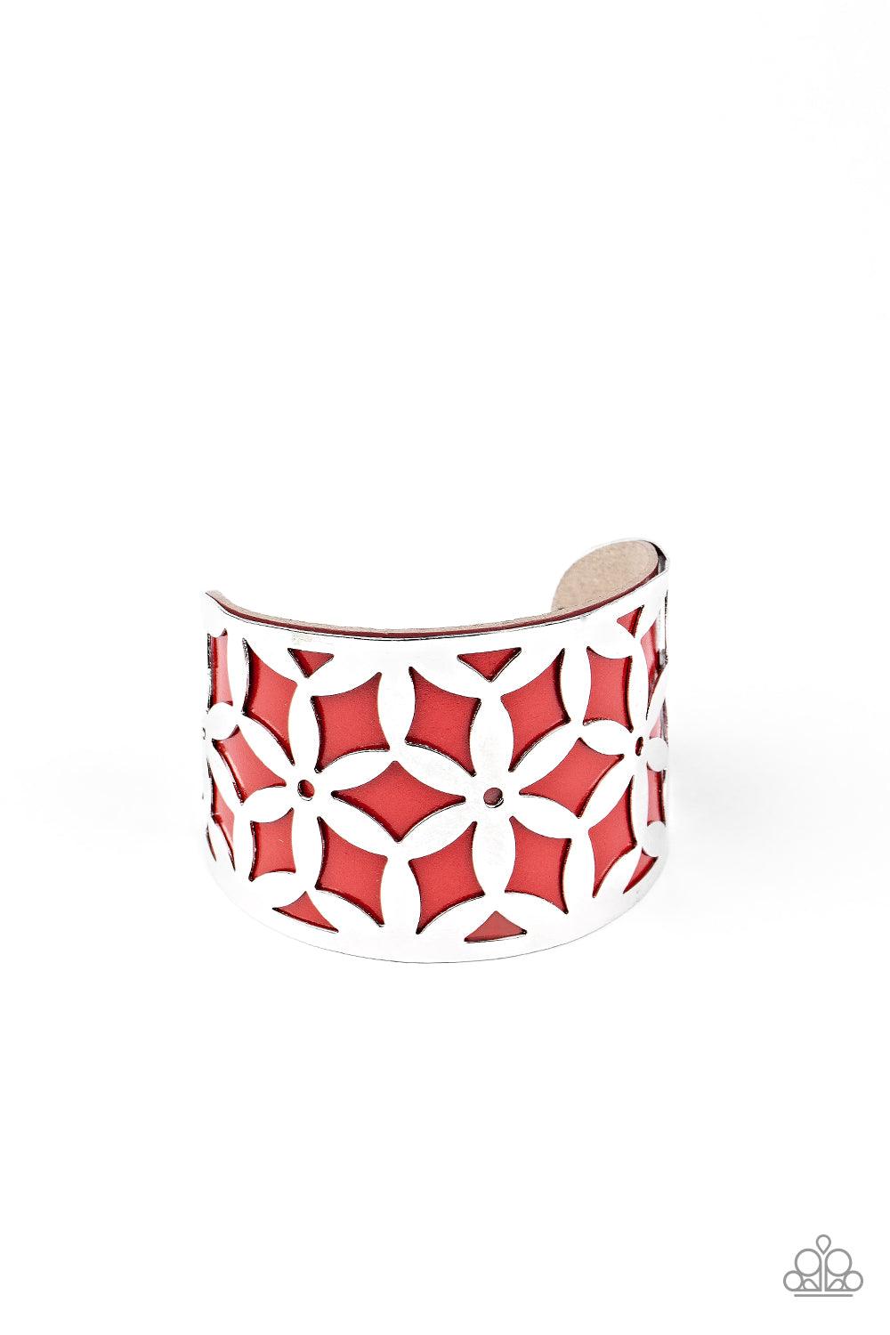Paparazzi Accessories Garden Fiesta - Red A thick piece of Samba leather peeks out through a daisy stenciled silver cuff, creating a colorful centerpiece around the wrist. Sold as one individual bracelet. Bracelets