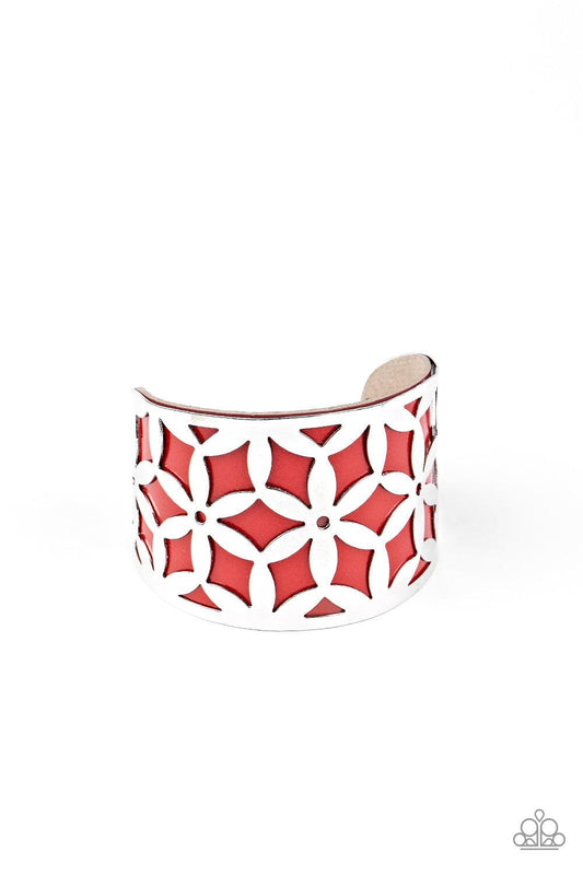 Paparazzi Accessories Garden Fiesta - Red A thick piece of Samba leather peeks out through a daisy stenciled silver cuff, creating a colorful centerpiece around the wrist. Sold as one individual bracelet. Bracelets