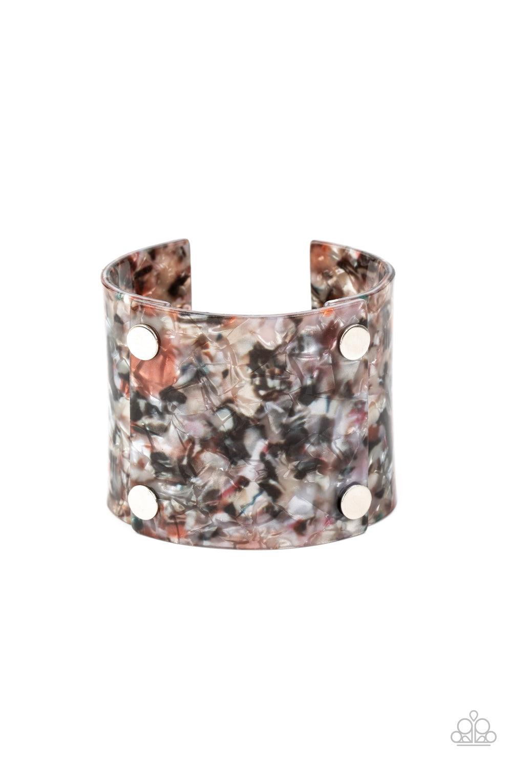 Paparazzi Accessories What are you waiting FAUX? - Multi Featuring a shell-like finish, pieces of iridescent acrylic frames are bolted in place into a stylish cuff around the wrist. Sold as one individual bracelet. Jewelry