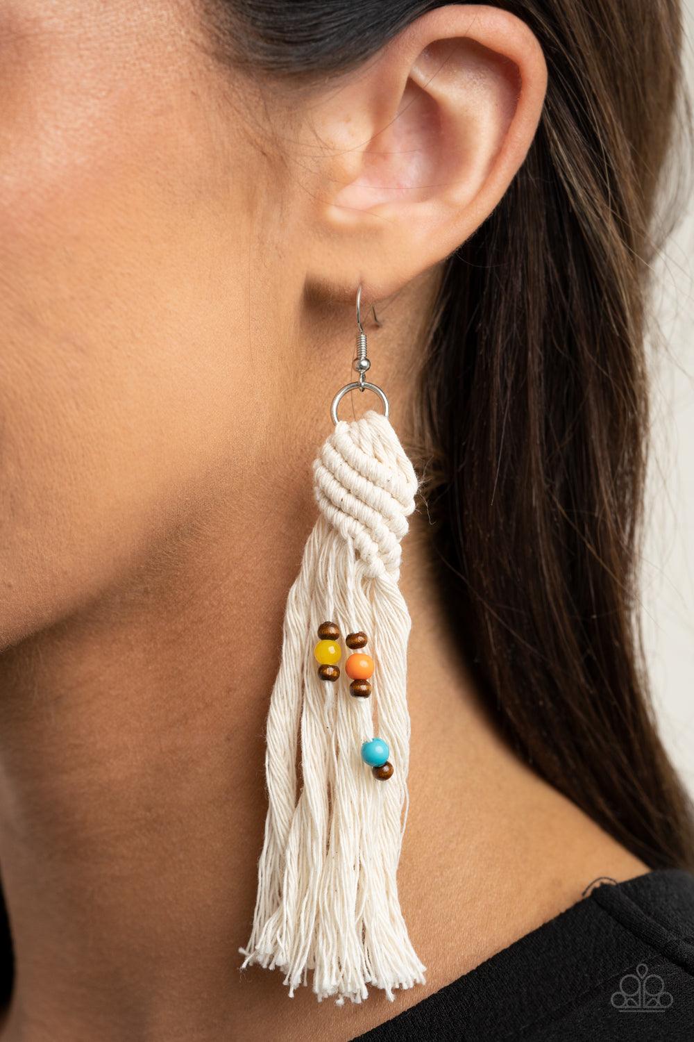 Paparazzi Accessories Beach Bash - Multi Dainty wooden and colorful beads are knotted in place along a knotted white tassel, creating a beach inspired macramé centerpiece. Earring attaches to a standard fishhook fitting. Sold as one pair of earrings. Jewe