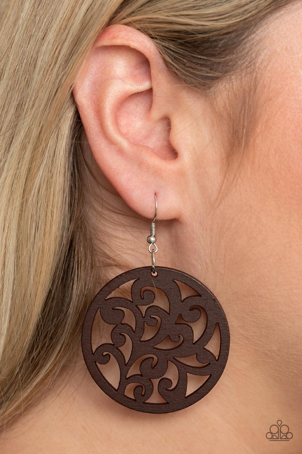 Paparazzi Accessories Fresh Off The Vine - Brown Stenciled in vine-like filigree, a brown wooden frame swings from the ear for an earthy look. Earring attaches to a standard fishhook fitting. Sold as one pair of earrings. Jewelry