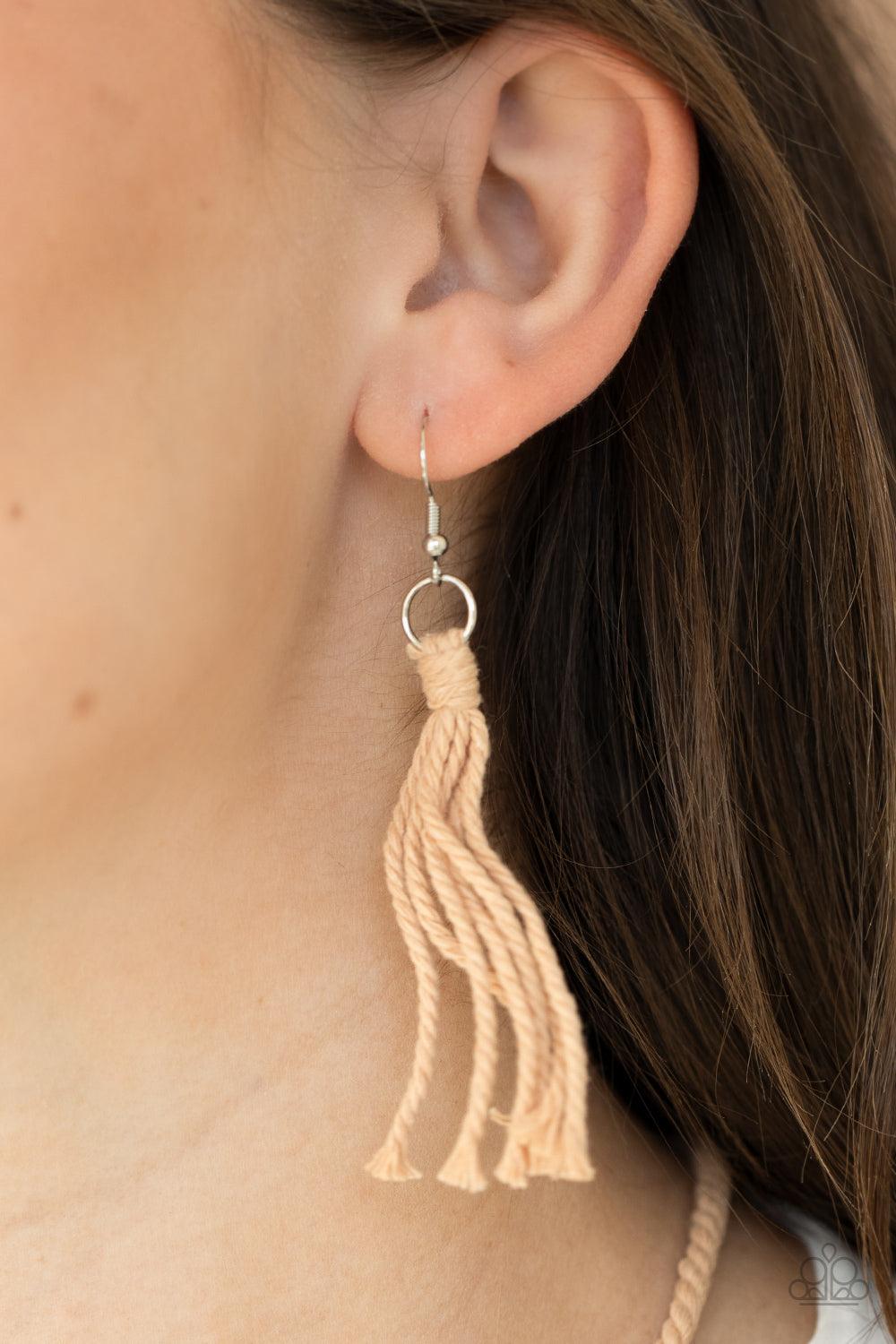 Paparazzi Accessories Look At MACRAME Now - Blue Fading from tan to Blue Depths, colorful twine-like cording delicately knots and weaves into a tasseled macramé inspired pendant across the chest. Features an adjustable sliding knot closure. Sold as one in