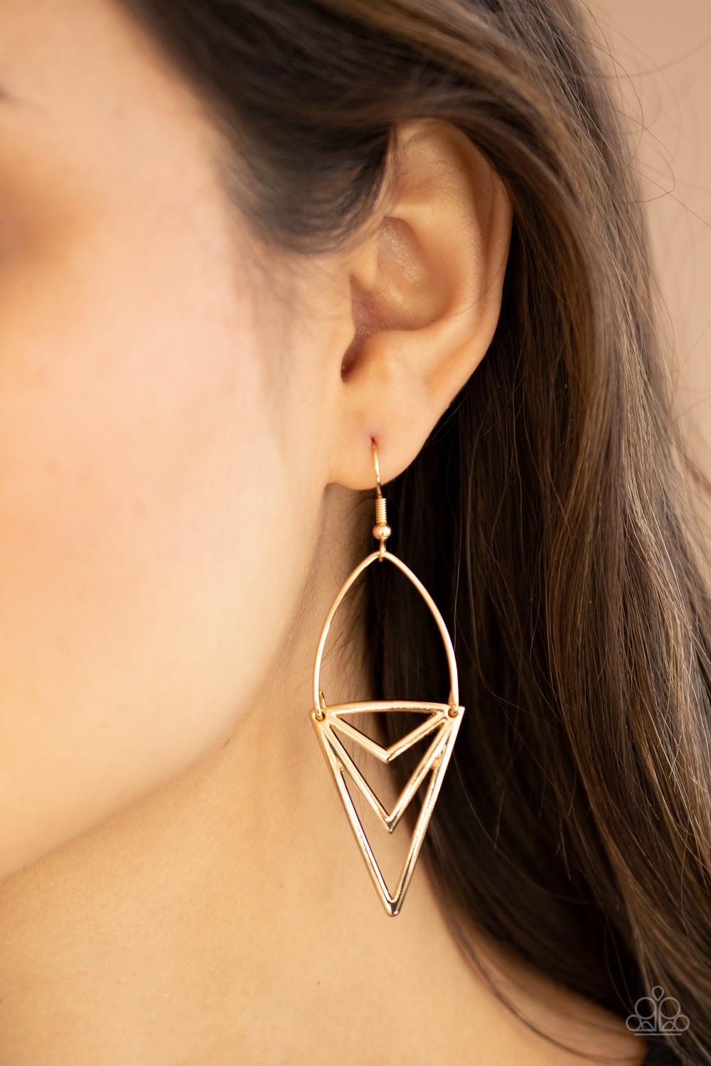 Paparazzi Accessories Proceed With Caution - Gold Attached to a dainty gold wire fitting, an edgy triangular frame swings from the ear for a bold tribal look. Earring attaches to a standard fishhook fitting. Sold as one pair of earrings. Jewelry