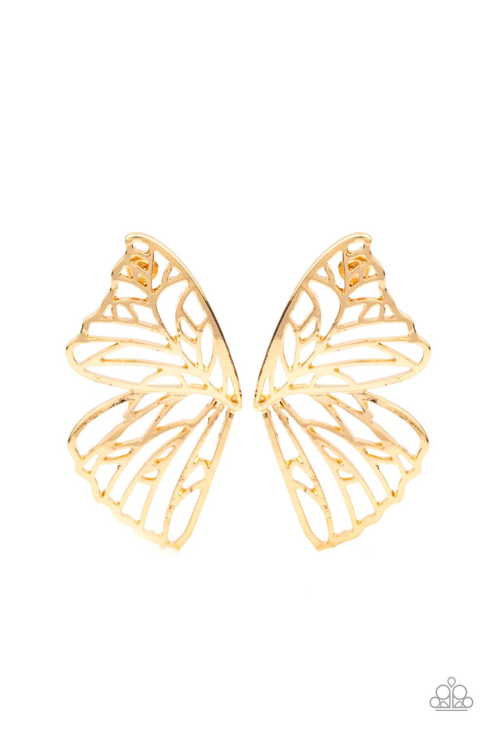 Paparazzi Accessories Butterfly Frills - Gold Shimmery gold bars delicately climb scalloped gold frames, coalescing into a whimsical butterfly wing. Earring attaches to a standard post fitting. Sold as one pair of double-sided post earrings. Earrings