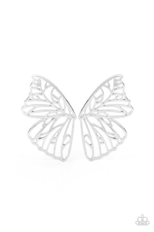 Paparazzi Accessories Butterfly Frills - Silver Shimmery silver bars delicately climb scalloped silver frames, coalescing into a whimsical butterfly wing. Earring attaches to a standard post fitting. Sold as one pair of double-sided post earrings. Jewelry