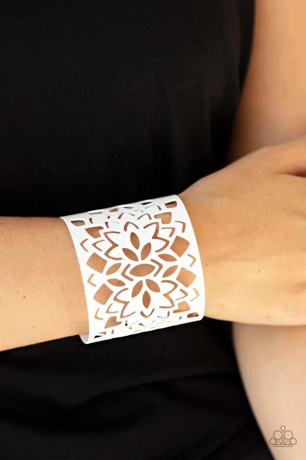 Paparazzi Accessories Hacienda Hotspot - White Featuring an airy floral stenciled design, a shiny white cuff wraps around the wrist for a vivacious finish. Sold as one individual bracelet. Jewelry
