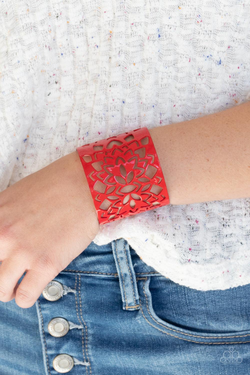 Paparazzi Accessories Hacienda Hotspot - Red Featuring an airy floral stenciled design, a flamboyant red cuff wraps around the wrist for a vivacious finish. Sold as one individual bracelet. Jewelry