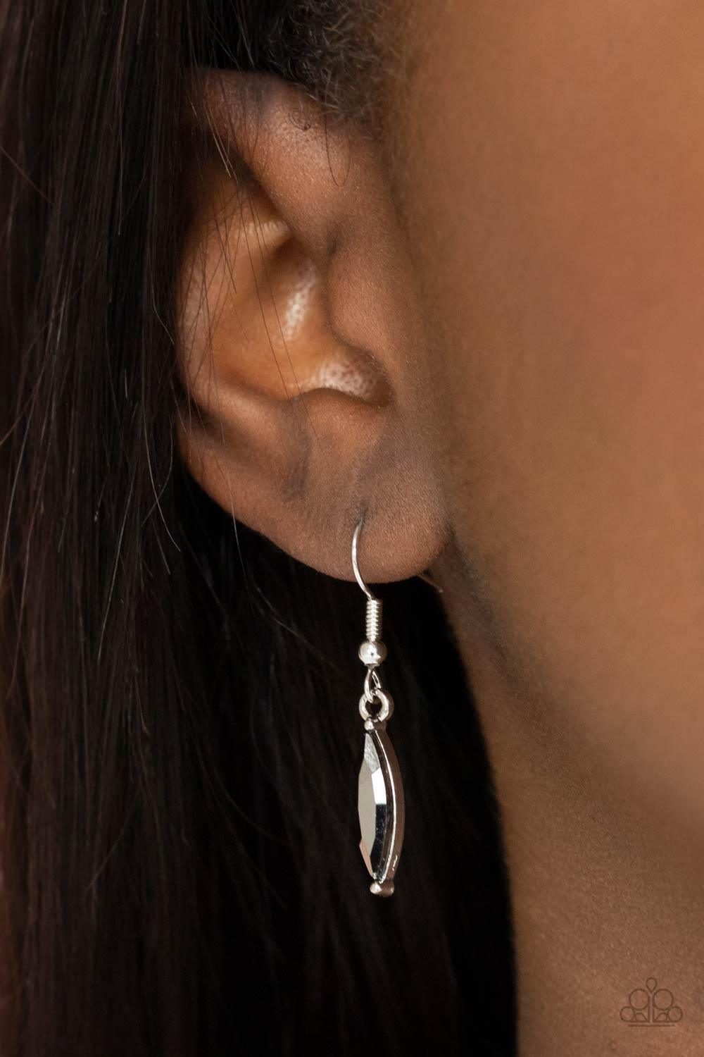 Paparazzi Accessories Flight of FANCINESS - Silver A glittery collection of marquise hematite rhinestones delicately connect into a twinkly feather, creating a sparkly stationary pendant below the collar. Features an adjustable clasp closure. Sold as one