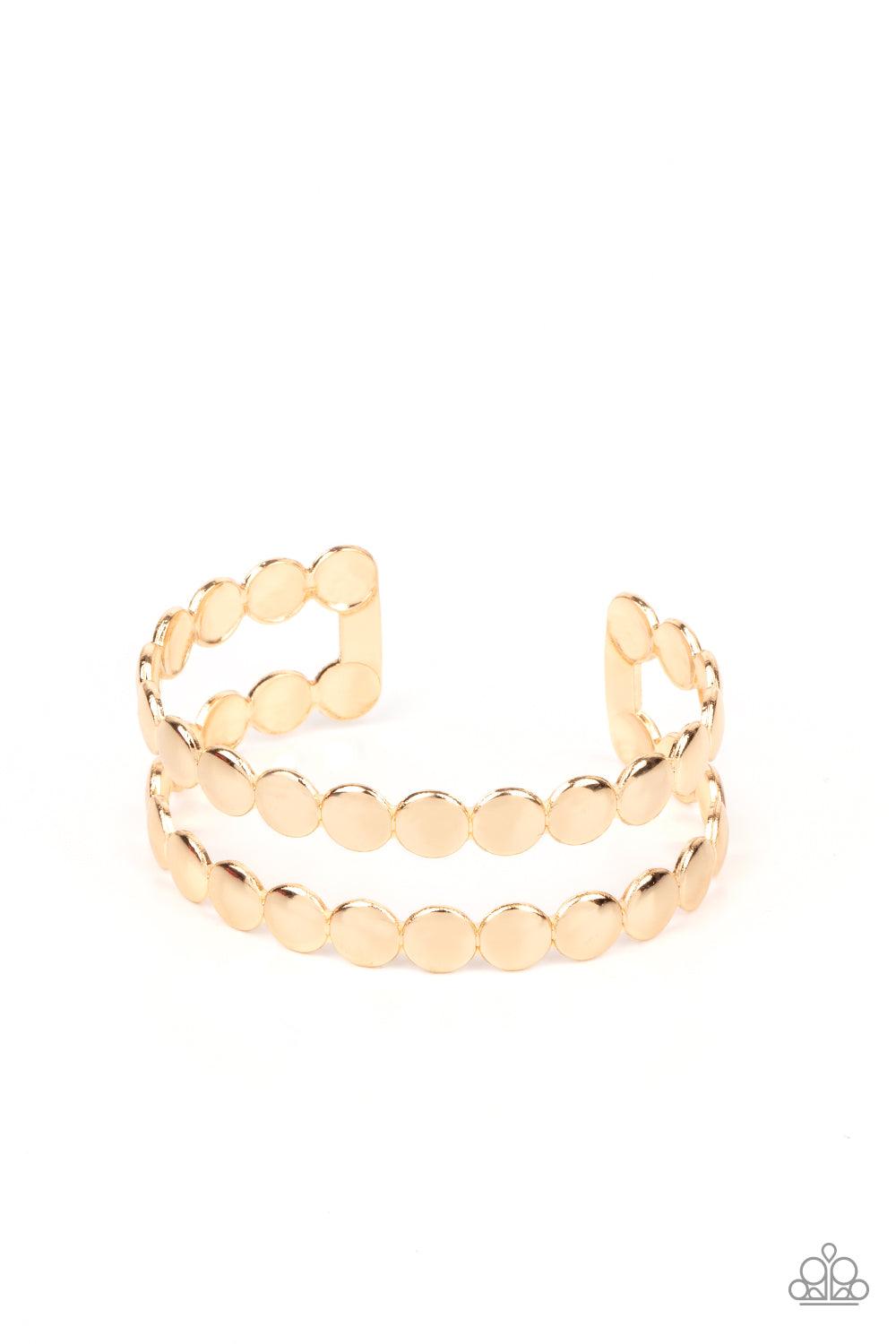 Paparazzi Accessories On The Spot Shimmer - Gold Brushed in a shiny finish, rows of flattened gold studs coalesce into a shimmery cuff around the wrist. Sold as one individual bracelet. Jewelry