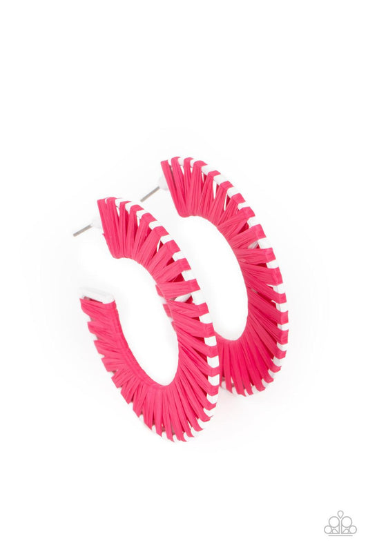 Paparazzi Accessories Everybody Conga! - Pink Pink wicker-like cording is wrapped around a white hoop, creating a vivacious pop of color. Earring attaches to a standard post fitting. Hoop measures approximately 1 3/4" in diameter. Sold as one pair of hoop