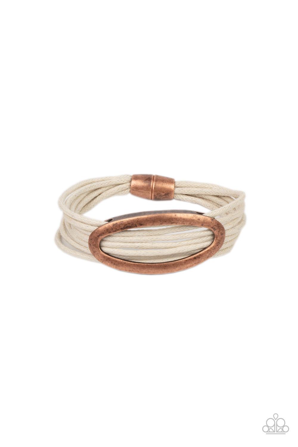 Paparazzi Accessories Corded Couture - White An oval copper fitting glides along strands of rustic white cording, creating colorful layers around the wrist. Features a magnetic closure. Sold as one individual bracelet. Jewelry