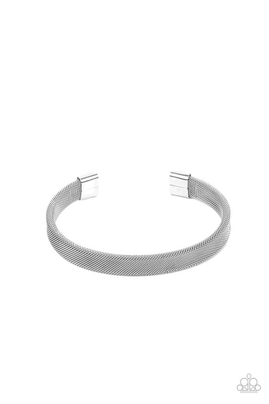 Paparazzi Accessories Quit MESHing around - Silver Featuring a mesh-like finish, a tactile silver cuff curls around the wrist for a rustic flair. Sold as one individual bracelet. Jewelry