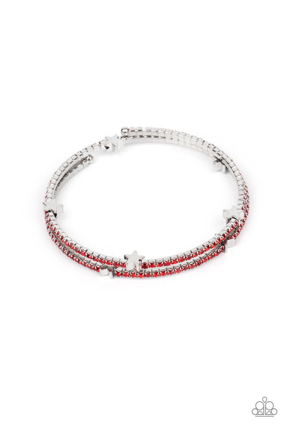 Paparazzi Accessories Let Freedom BLING - Red Dotted with dainty silver star charms, a bendable row of fiery red rhinestones spirals around the wrist, creating a sparkly infinity wrap bracelet. Sold as one individual bracelet. Bracelets