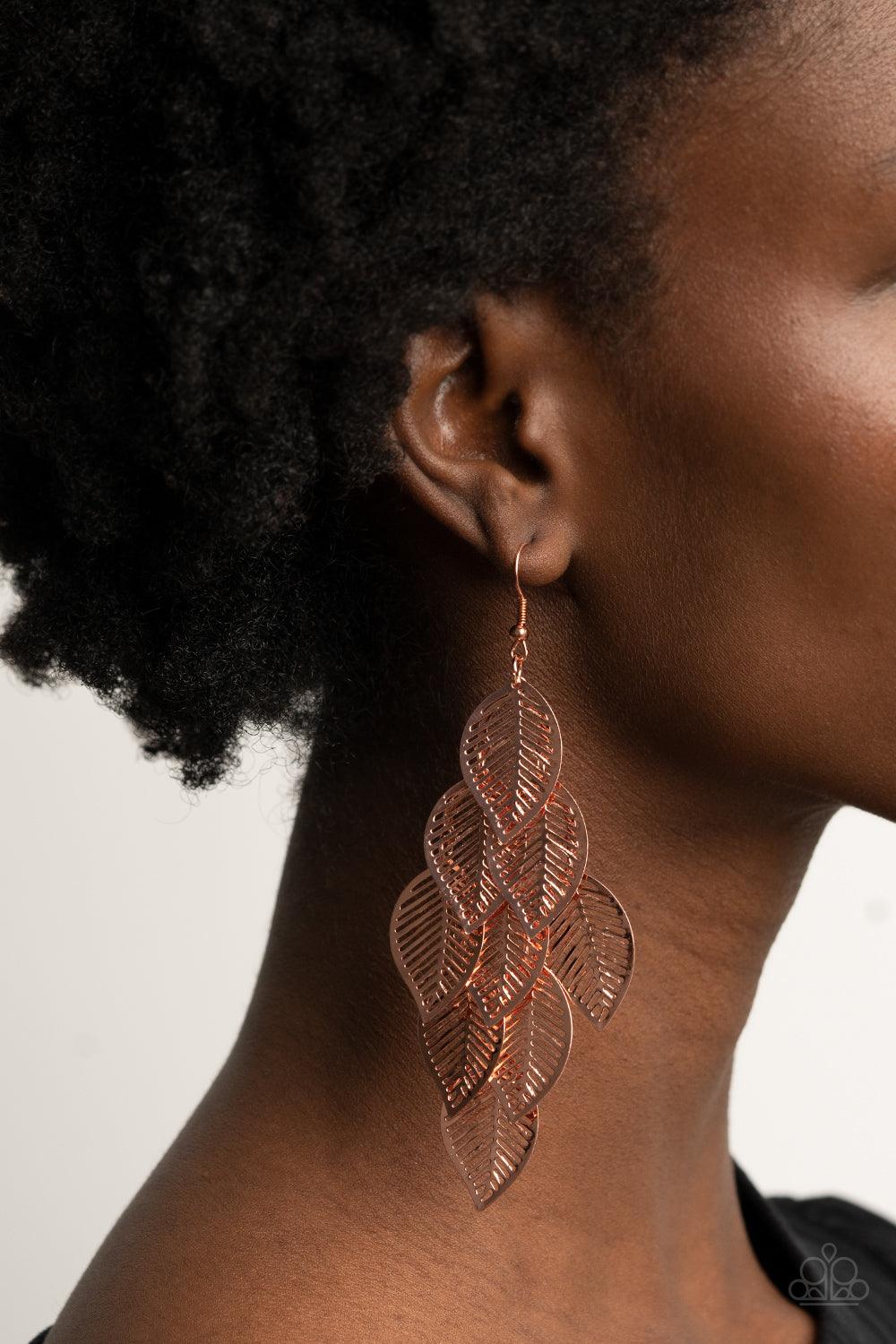 Paparazzi Accessories Limitlessly Leafy - Copper Stenciled shiny copper leaf frames cascade from a shiny copper netted fitting, creating a shimmery leafy fringe. Earring attaches to a standard fishhook fitting. Sold as one pair of earrings. Jewelry