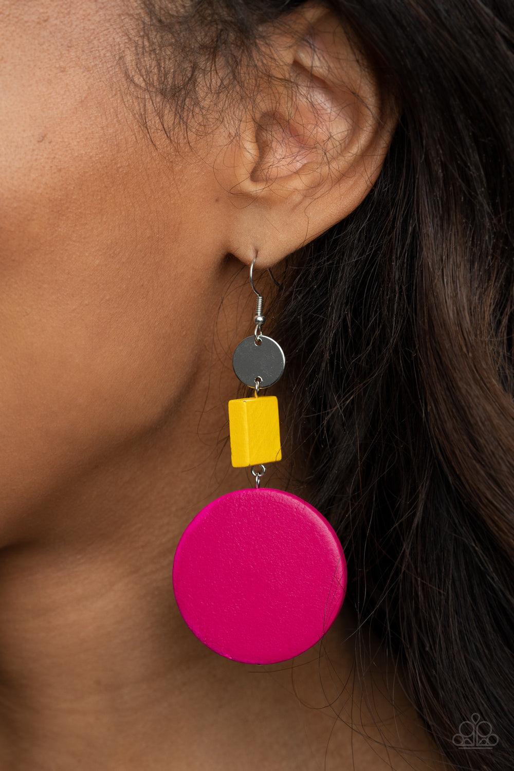 Paparazzi Accessories Modern Materials - Multi A shiny silver disc, yellow wooden square, and oversized pink wooden circle delicately link into a colorfully retro lure for a trendsetting finish. Earring attaches to a standard fishhook fitting. Sold as one