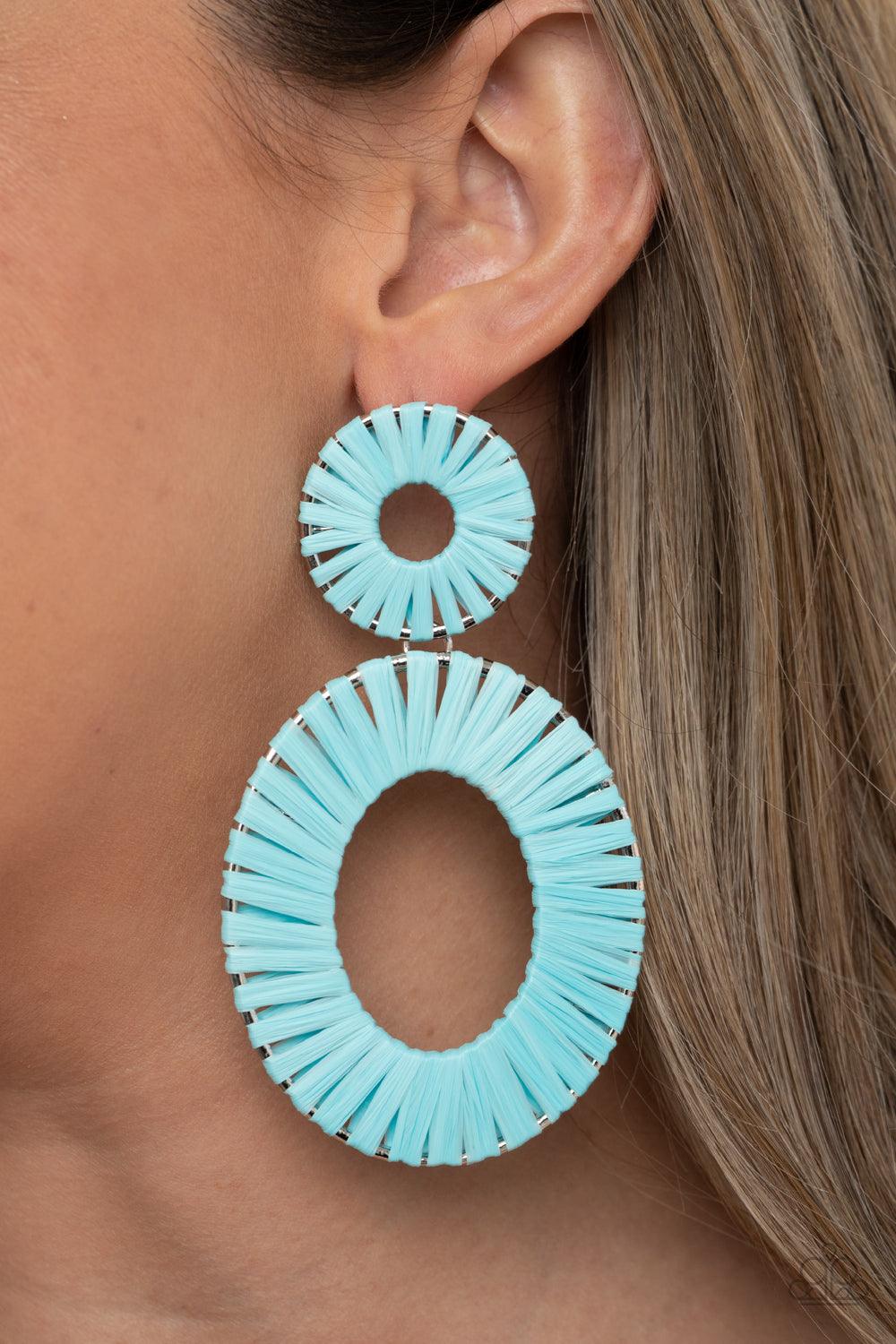 Paparazzi Accessories Foxy Flamenco - Blue Wicker-like Cerulean accents wrap around an oversized silver oval and dainty circular frame, linking into a colorful lure. Earring attaches to a standard post fitting. Sold as one pair of post earrings. Earrings